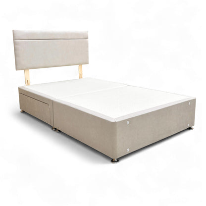 Side view of the complete Small Double Divan Bed set, showing the height and fabric detail of the base.