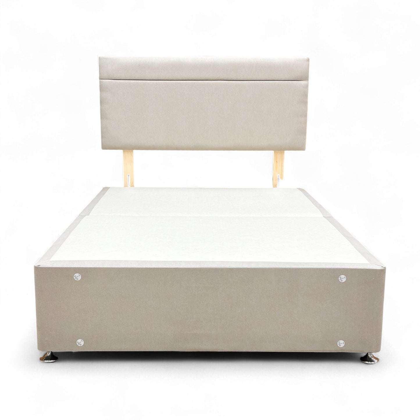 Full front view of the Highgrove 'Capella' Small Double Bed featuring the Venice Mink Fabric Headboard and matching 2-Drawer Divan Base.