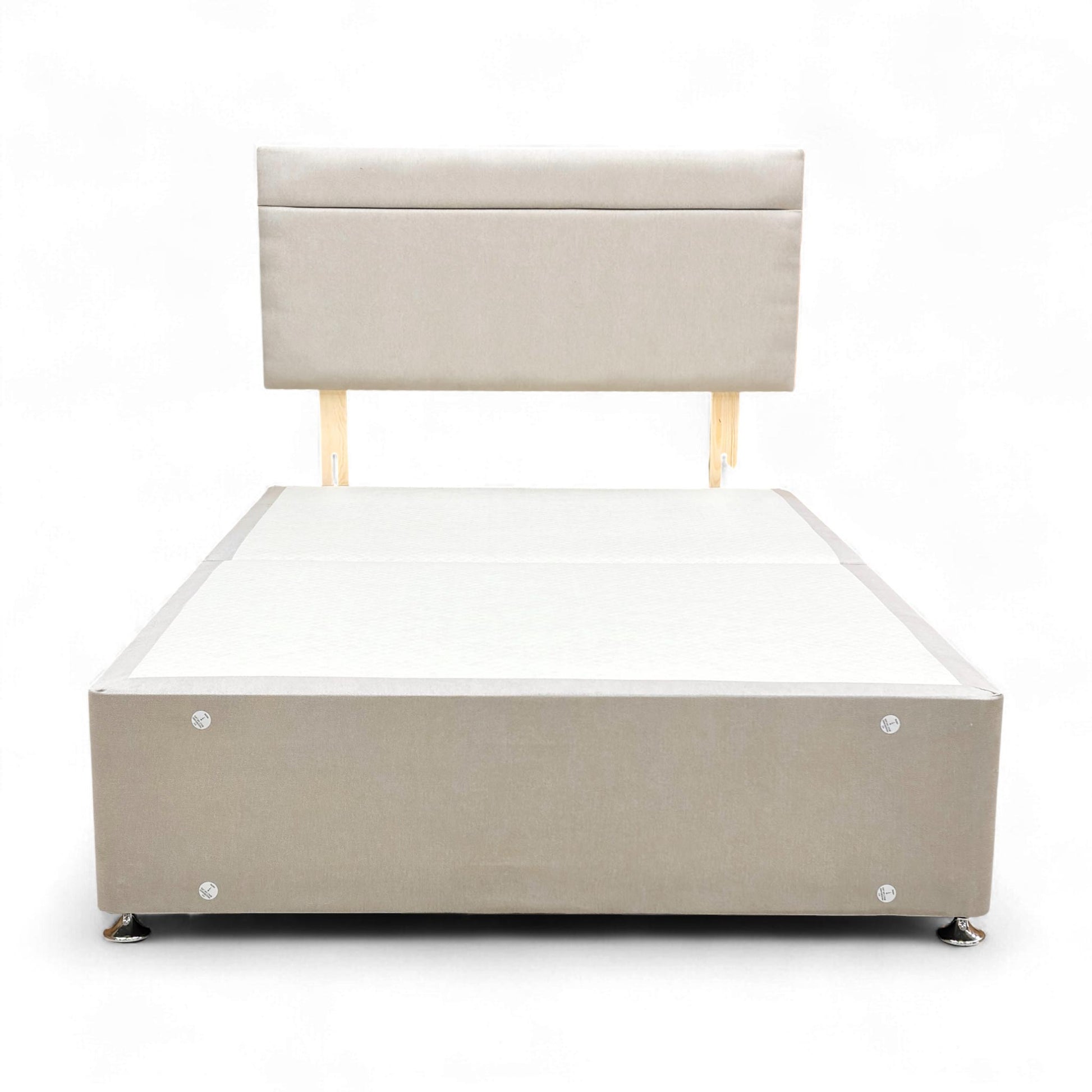 Full front view of the Highgrove 'Capella' Small Double Bed featuring the Venice Mink Fabric Headboard and matching 2-Drawer Divan Base.