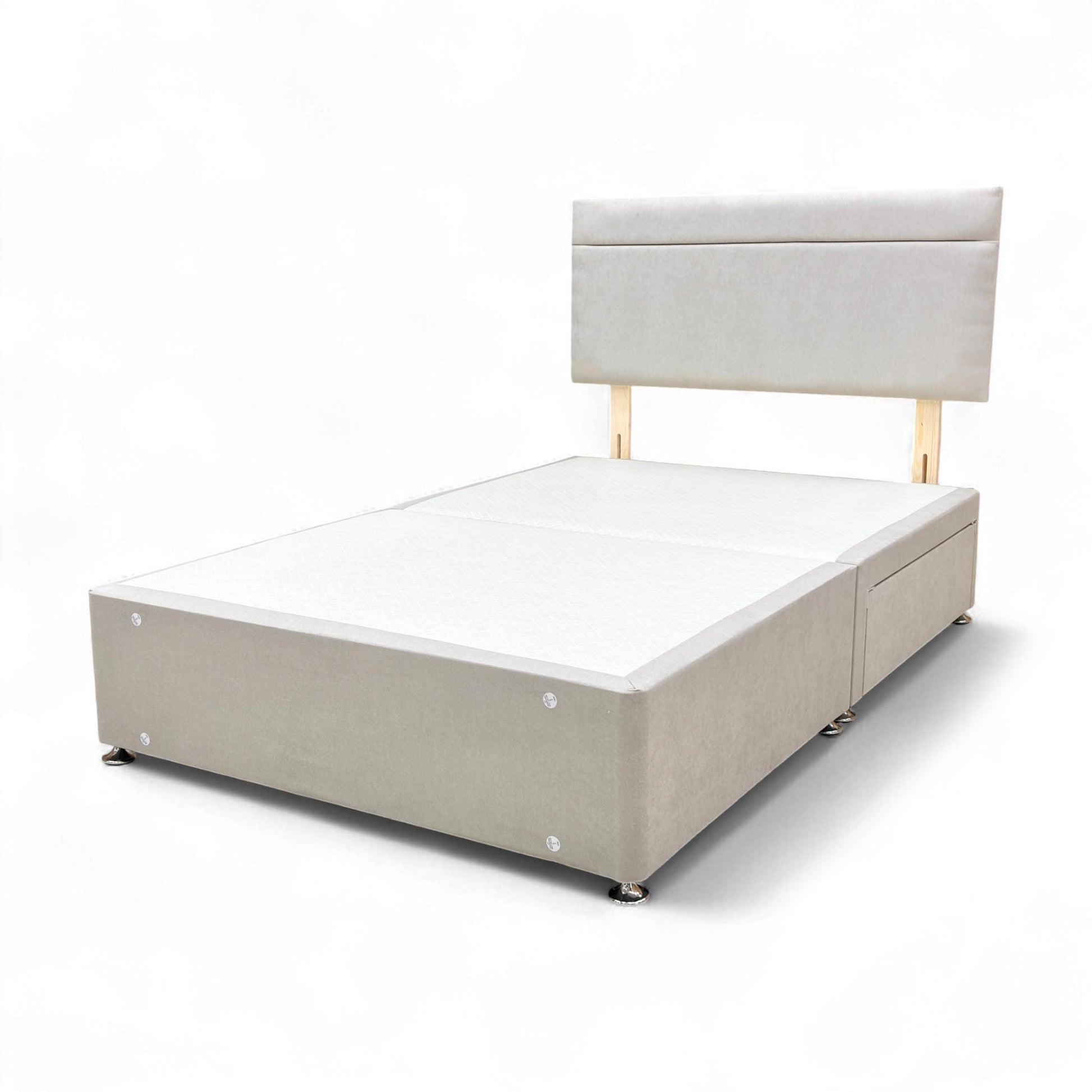 Angled view of the Capella Divan Base and Headboard, highlighting the elegant, rectangular design and mink fabric upholstery.