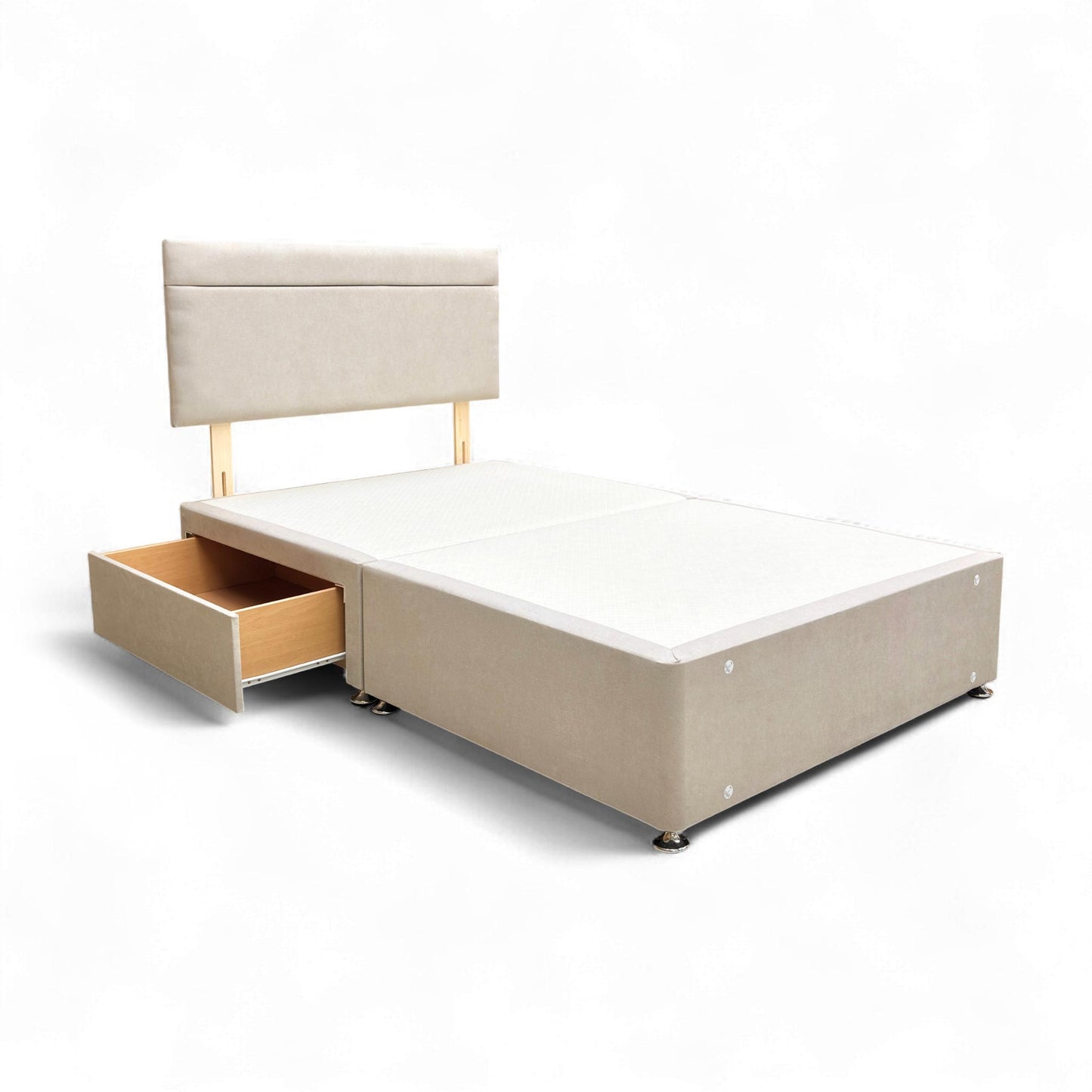 Angled view of the Capella Divan Base and Headboard, highlighting the elegant, rectangular design and mink fabric upholstery.