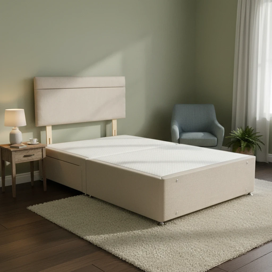 Lifestyle Image view of the Highgrove 'Capella' Small Double Bed featuring the Venice Mink Fabric Headboard and matching 2-Drawer Divan Base.