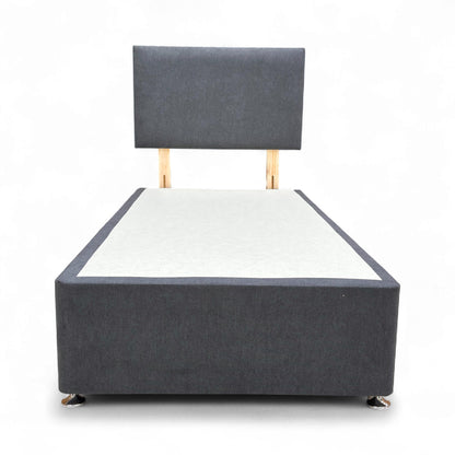 Full view of the Single 'Roma' Venice Carbon Velvet Divan Base with a matching upholstered headboard.