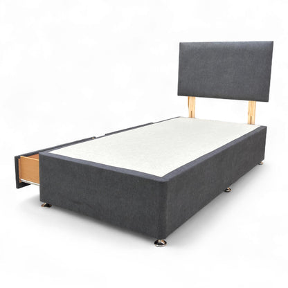 The Single Divan Base with one of the two side storage drawers open, demonstrating the storage capacity.