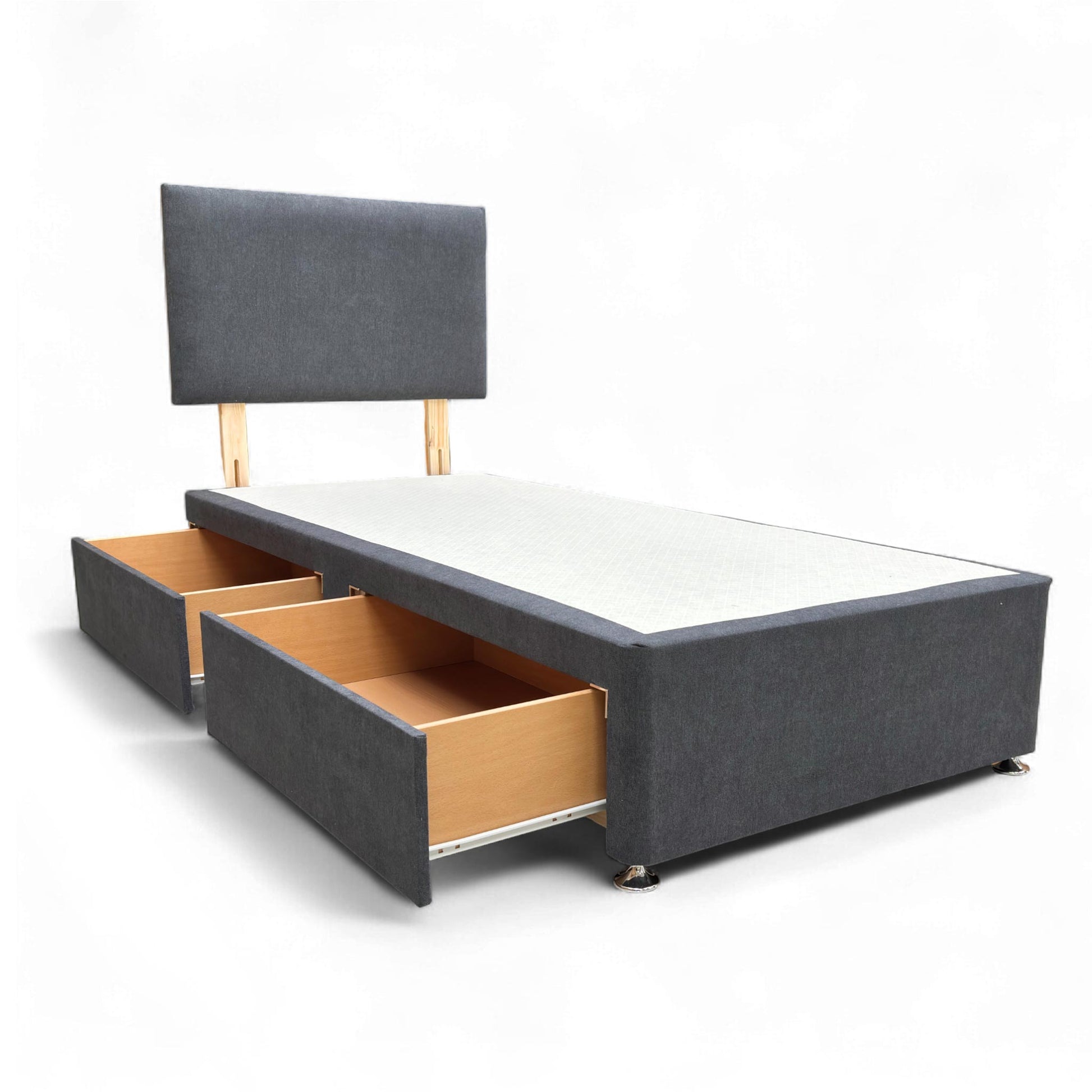 Angled view of the Carbon Velvet upholstery, emphasizing the luxurious texture of the headboard and base.