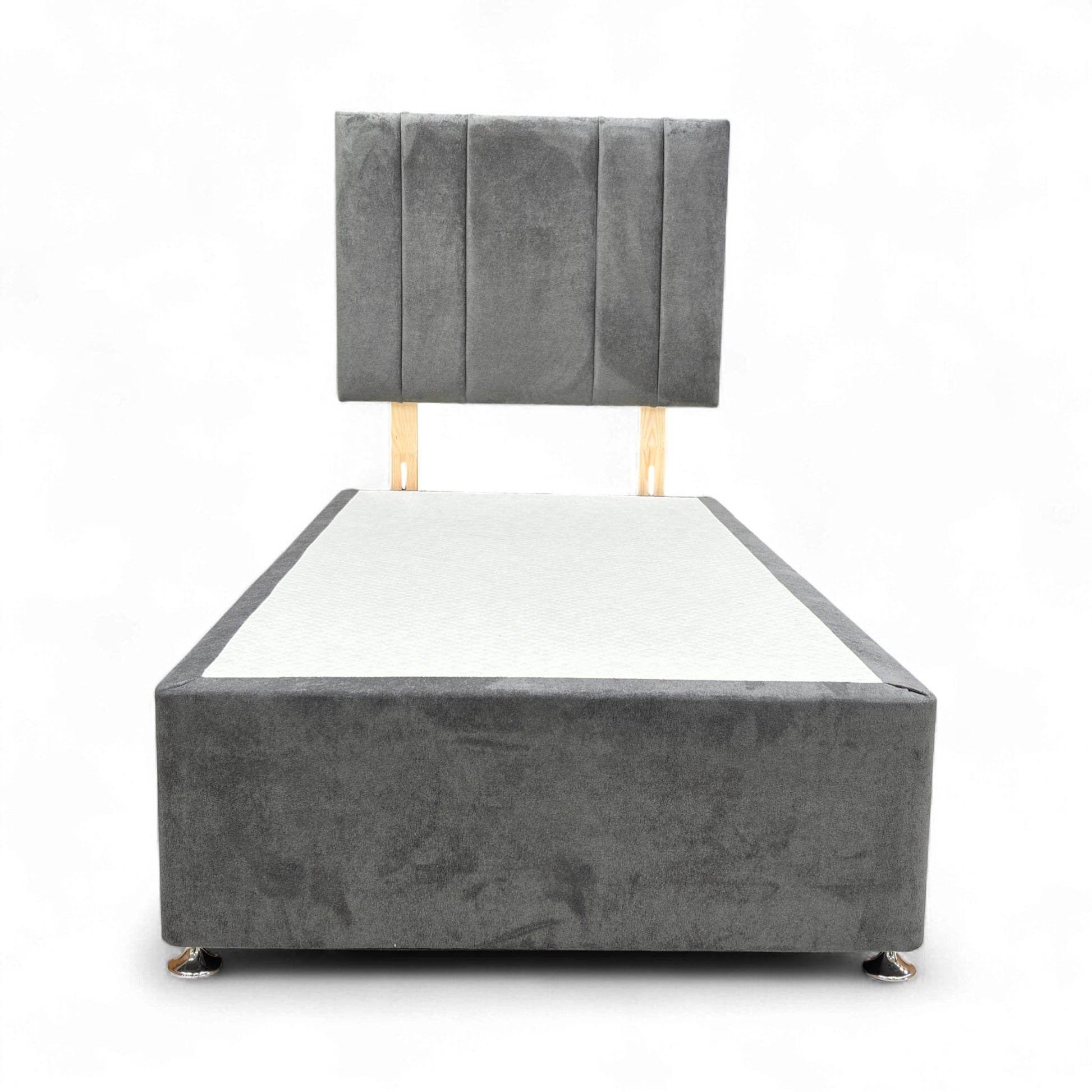 Full view of the Single 'Cygnus' Milan Thunder Velvet Divan Base with matching upholstered headboard.