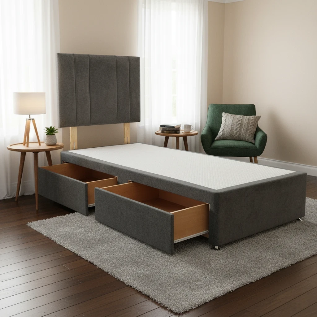 Lifestyle shot of the 'Cygnus' Milan Single Bed in a modern bedroom setting.