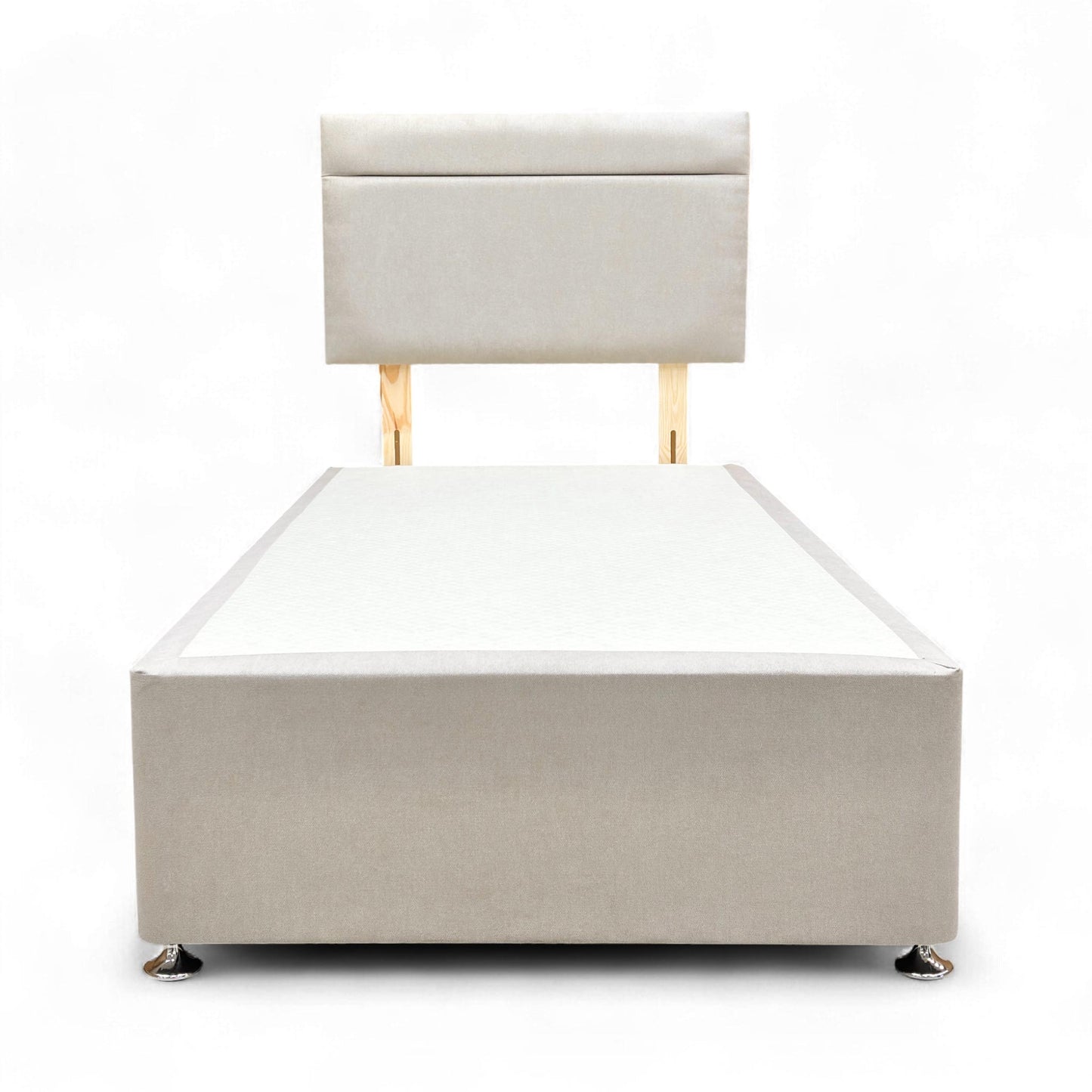 Full view of the Single 'Capella' Venice Mink Fabric Headboard and Divan Base, showcasing the solid mink color upholstery.