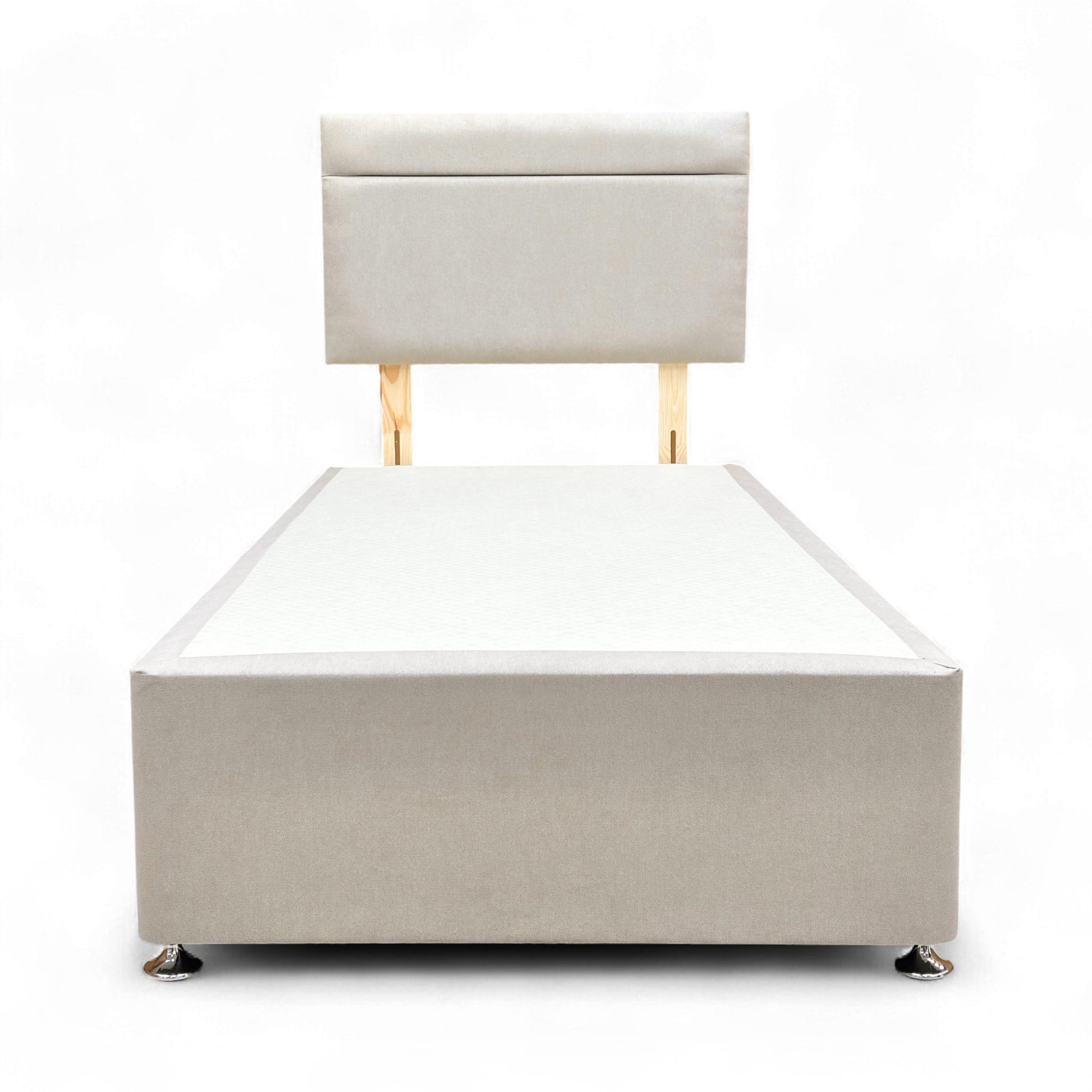 Full view of the Single 'Capella' Venice Mink Fabric Headboard and Divan Base, showcasing the solid mink color upholstery.