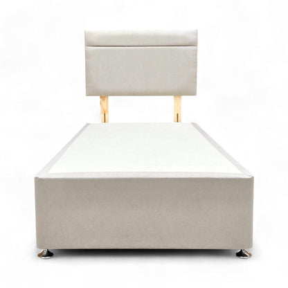 Full view of the Single 'Capella' Venice Mink Fabric Headboard and Divan Base, showcasing the solid mink color upholstery.