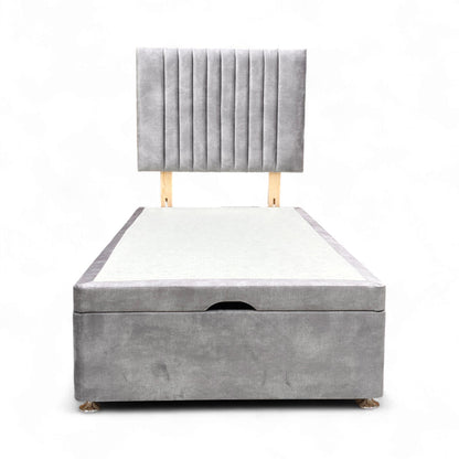 Full view of the Single 'Nero' Lace Dolphin Velvet End Lift Ottoman Divan Base with matching upholstered headboard.