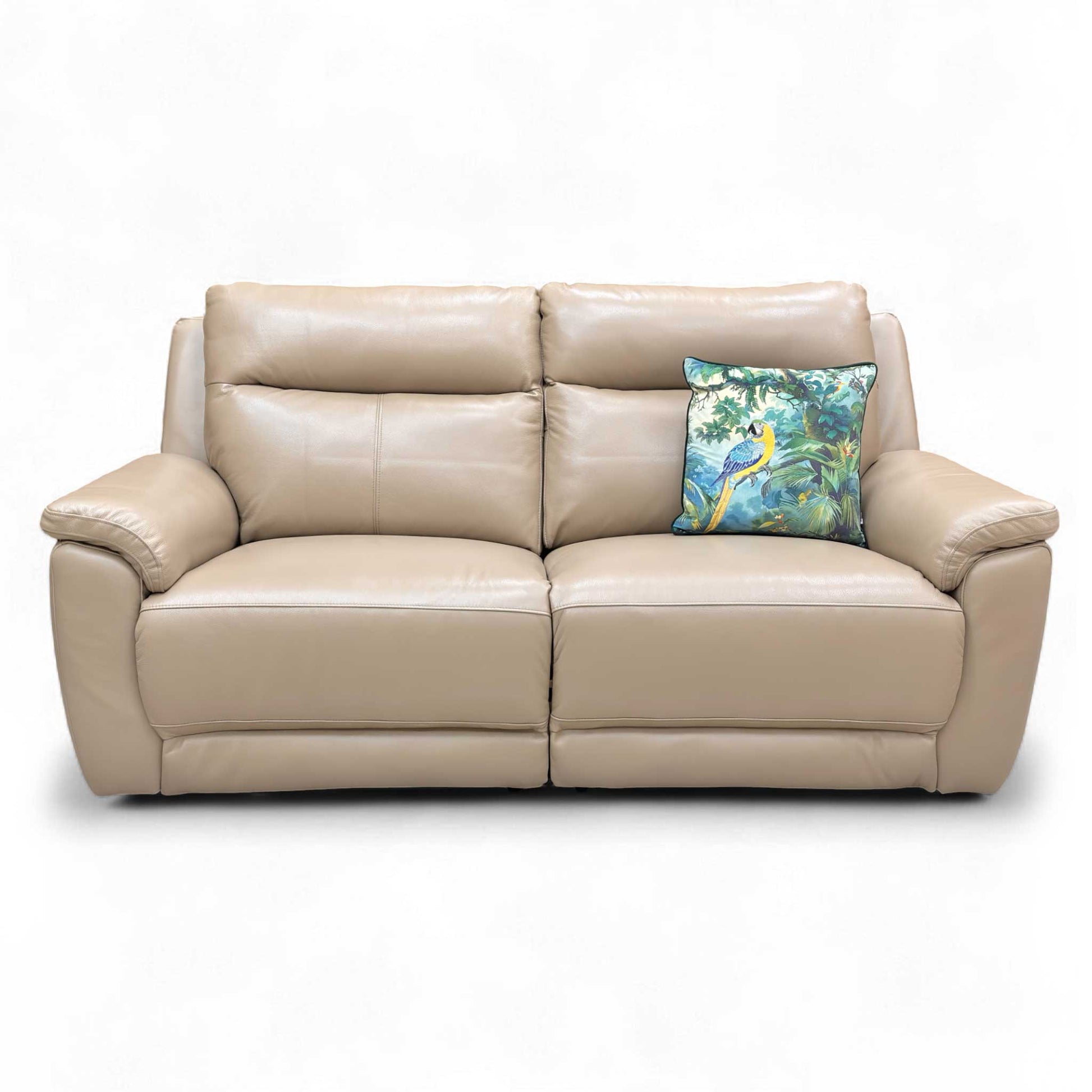 Full front view of the ‘Bobby’ Cat-55/71 Cream Leather 3 Seater Power Recliner Sofa in the upright position.