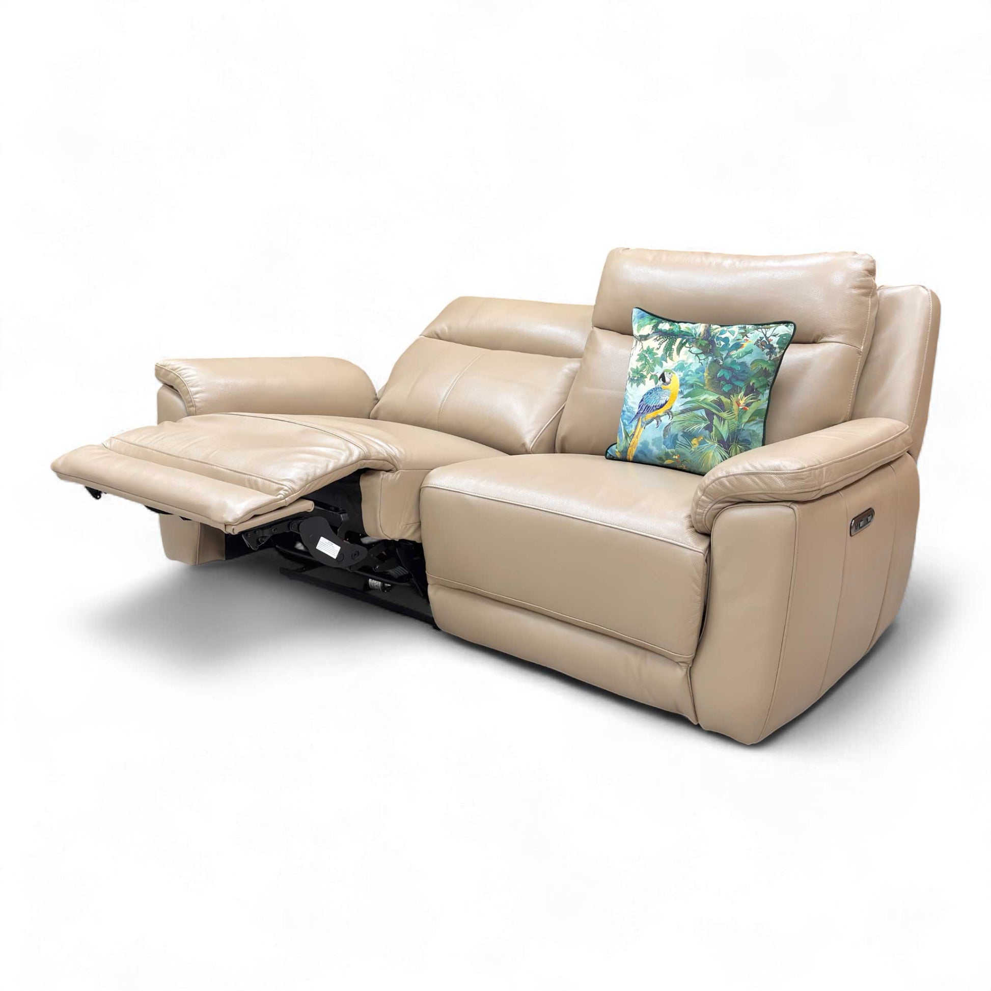 The 'Bobby' 3 Seater Power Recliner Sofa fully extended, demonstrating the maximum recline position.