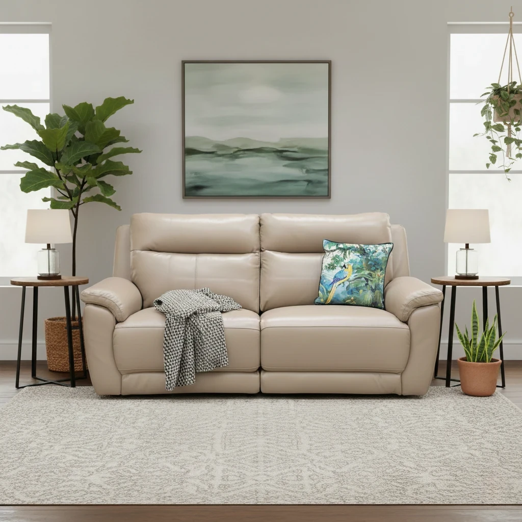 Living room of the 'Bobby' Cream Leather 3 Seater Sofa, showcasing its high-back, contemporary design.