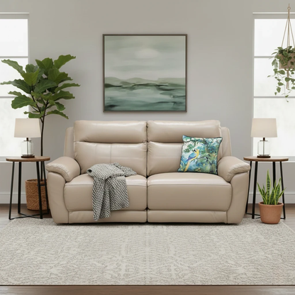 Living room of the 'Bobby' Cream Leather 3 Seater Sofa, showcasing its high-back, contemporary design.