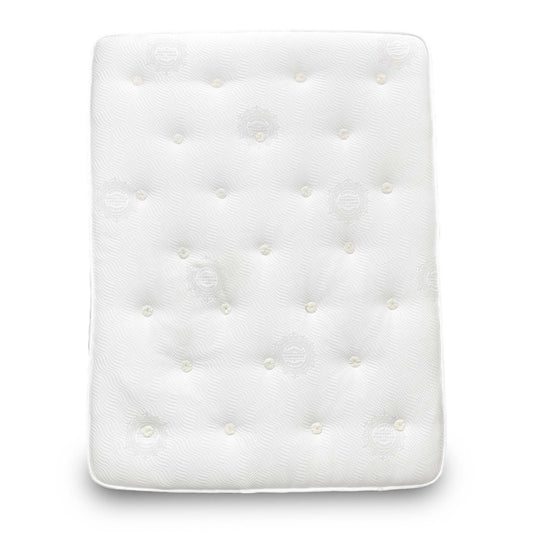 Full view of the Sleep Story 'Pocket Luxury' Super King Mattress on a base, showing the breathable stretch fabric cover.