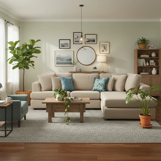 Lifestyle Image of emphasizing the modern back style, plump foam filling, and shelter arm design of the Stratus sofa.