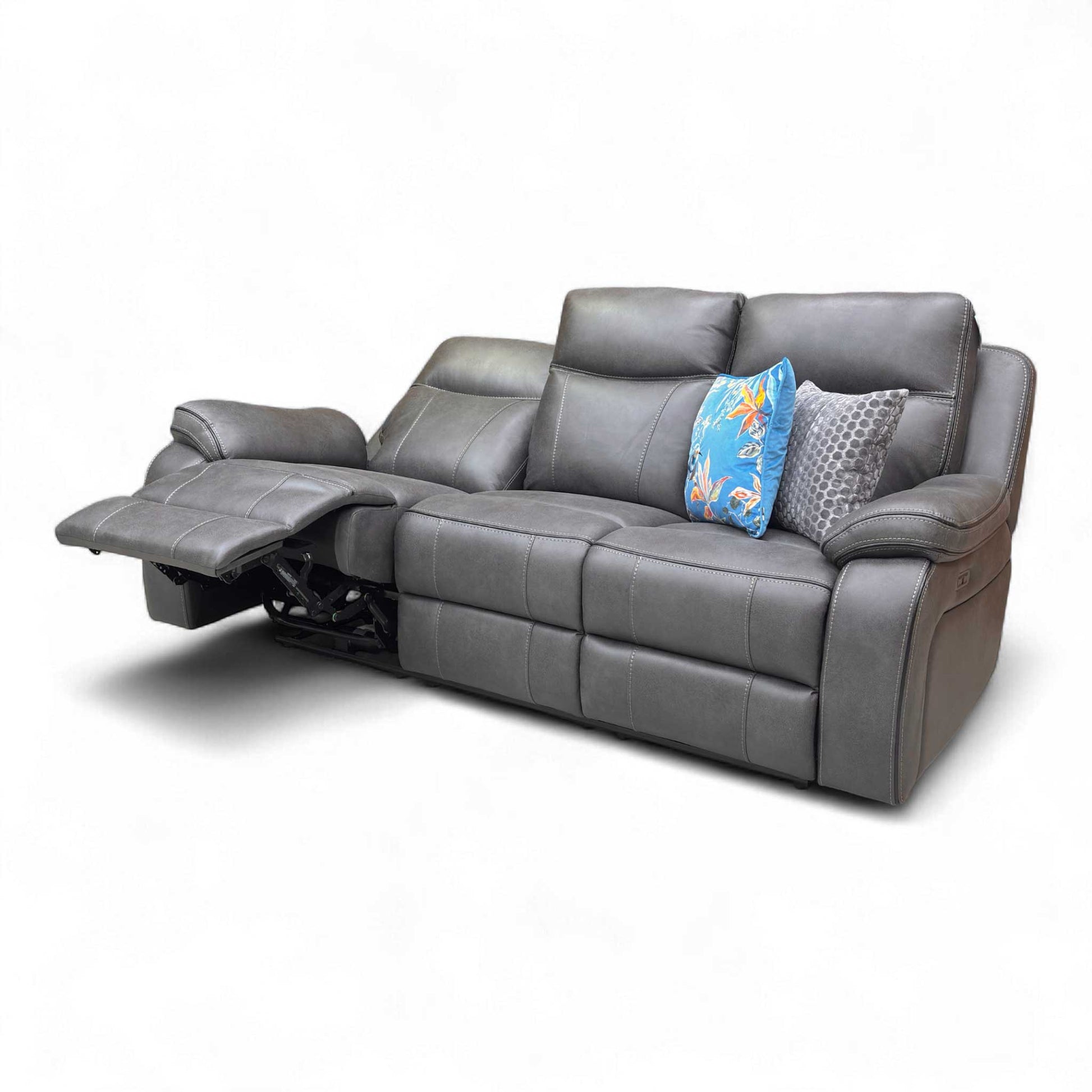 The 'Vinson' 3 Seater Sofa with the power recliner footrest partially extended.