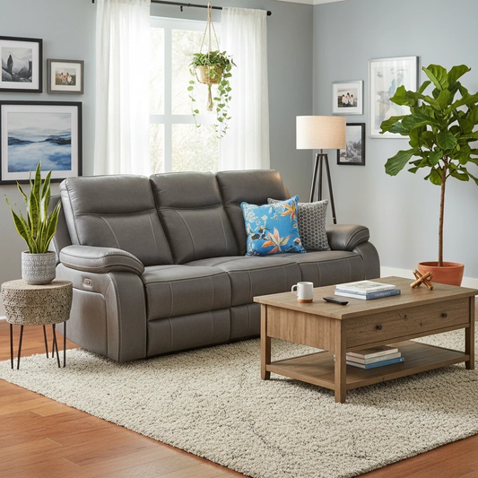  Living room of the 'Vinson' Graphite Grey Power Recliner Sofa in a modern living room setting.