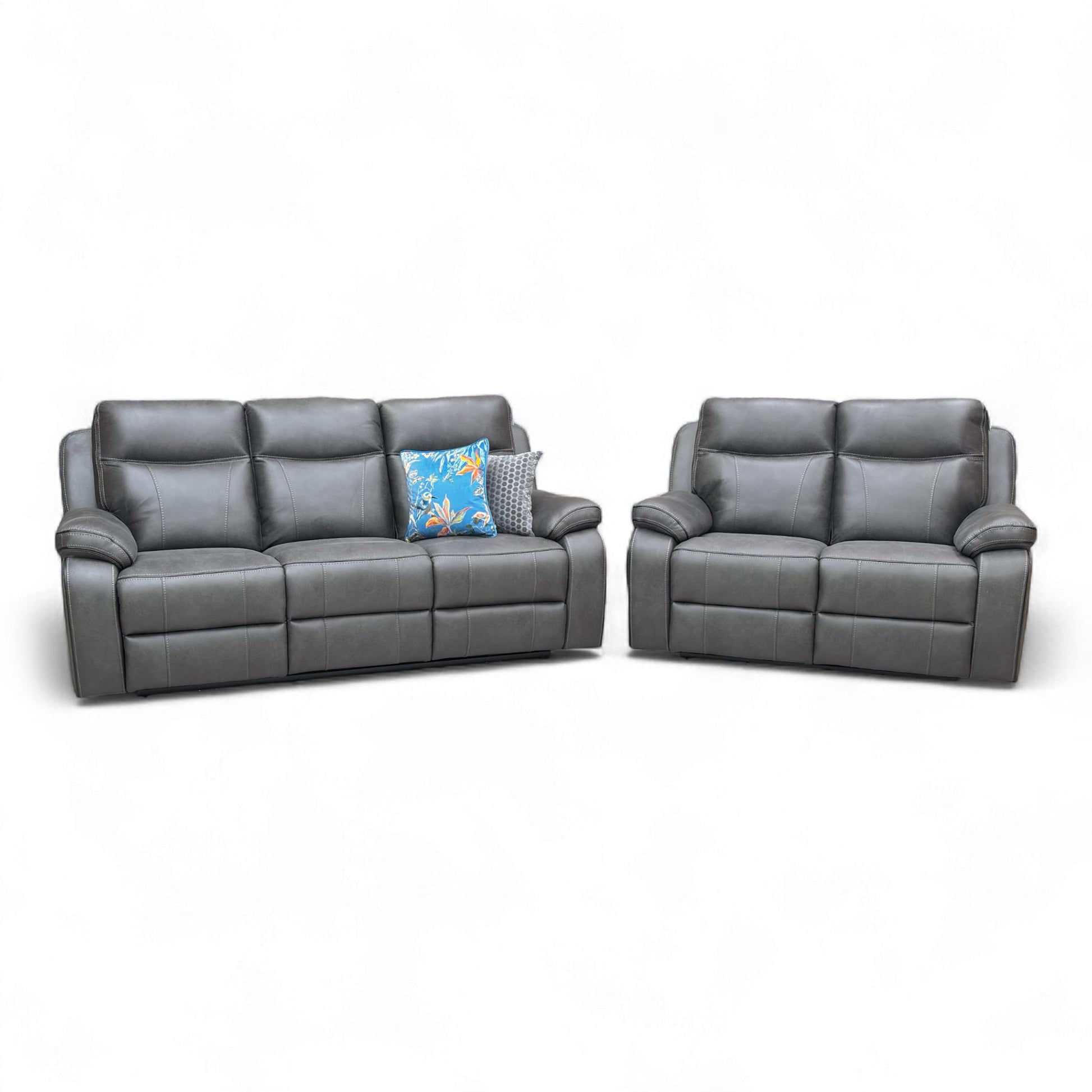 Full front view of the 'Vinson' Eiger Graphite Grey 3 Seater Power Recliner Sofa in the upright position.
