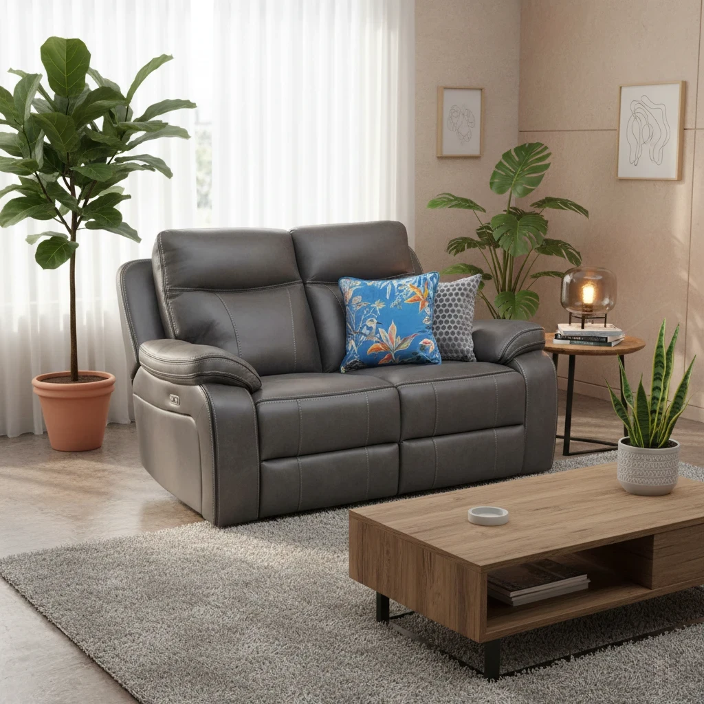 Lifestyle image of the 'Vinson' Graphite Grey Power Recliner Sofa in a modern living room setting.