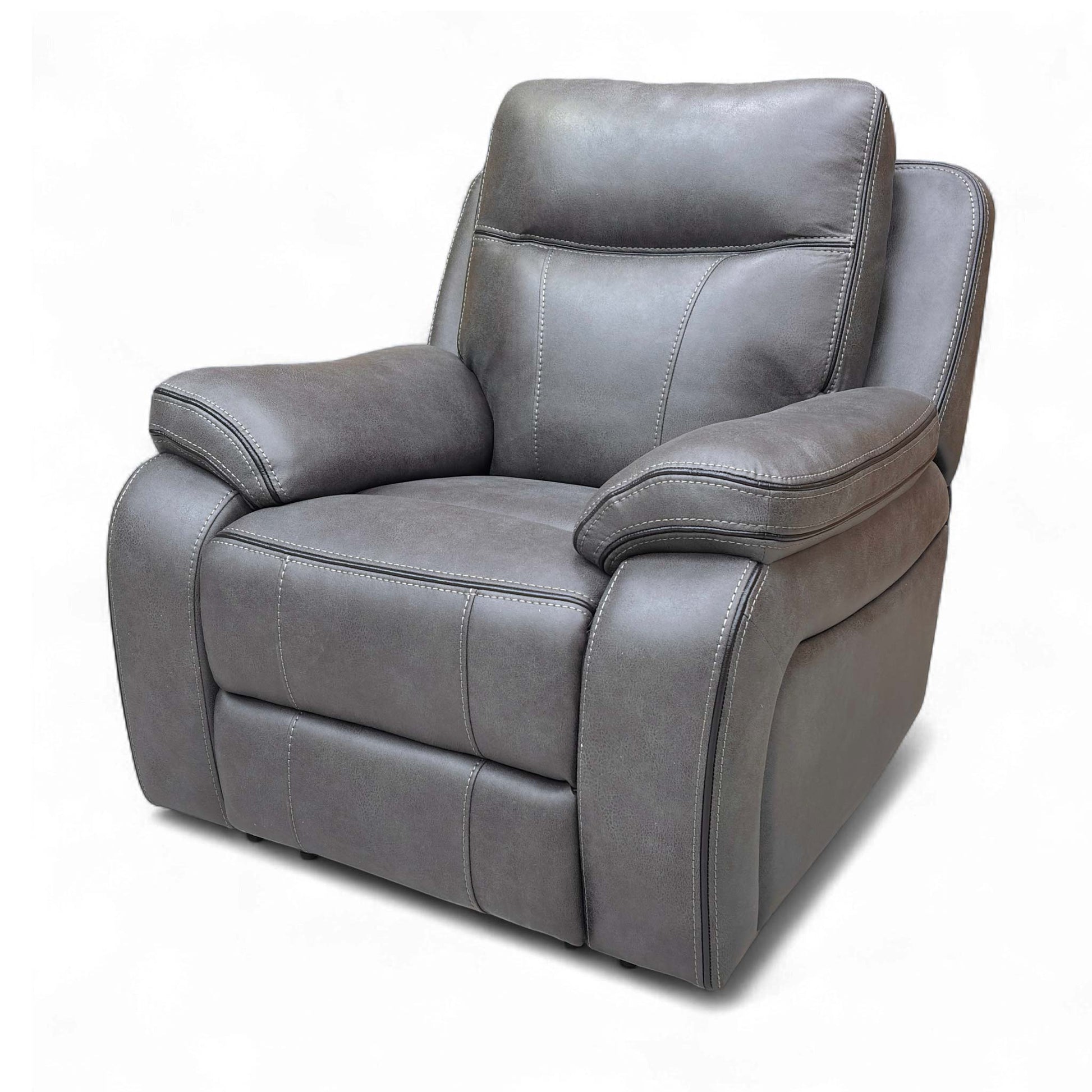 Angled view of the Graphite Grey 'Vinson' Power Recliner Chair, emphasizing the generous pad arm style.