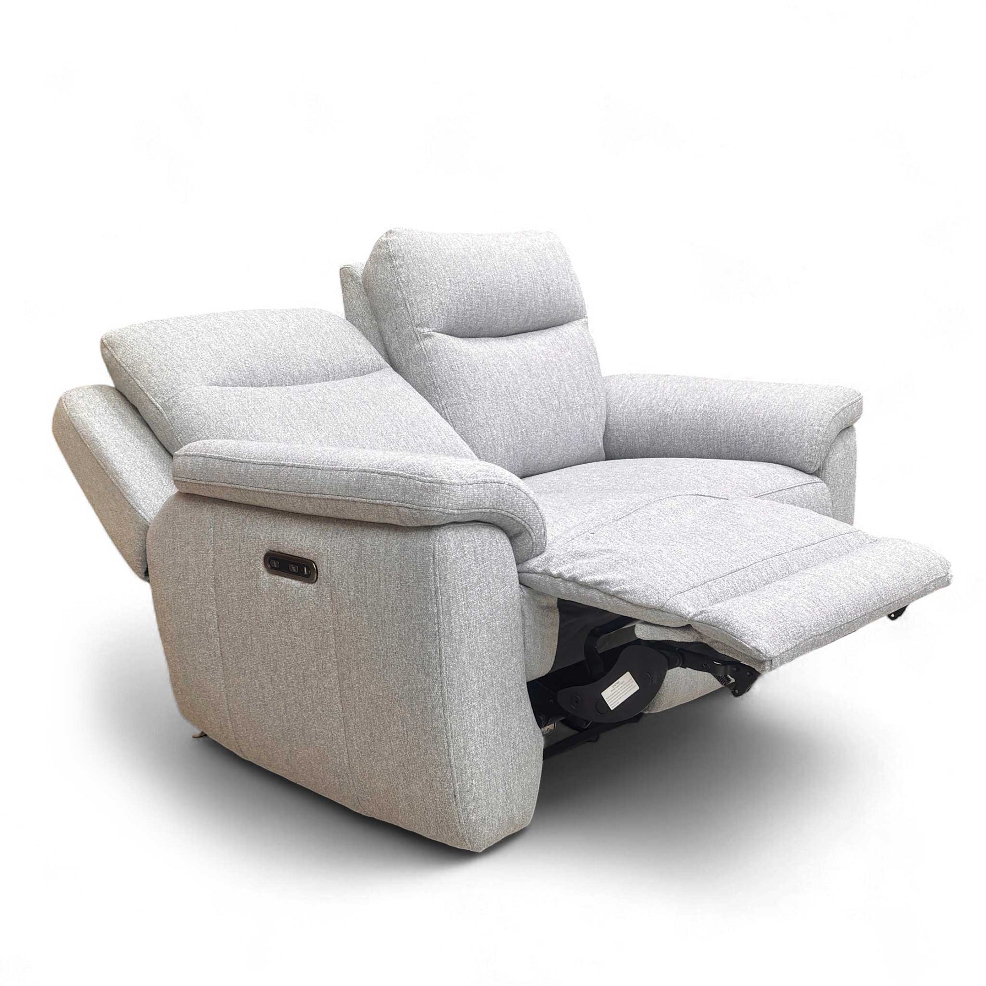 Full front view of the Bobby 2 Seater Power Recliner Sofa in Stone Grey tight weave fabric, showing the high back and pad arms.
