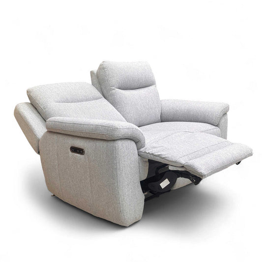Full front view of the Bobby 2 Seater Power Recliner Sofa in Stone Grey tight weave fabric, showing the high back and pad arms.