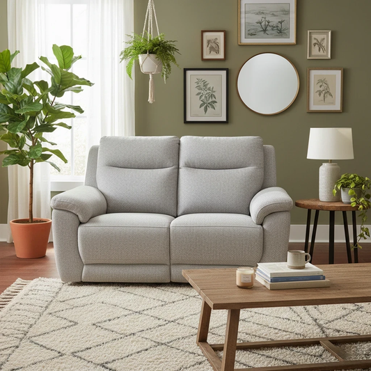 Living Room of the Stone Grey 2 Seater Power Recliner Sofa, highlighting its modern, solid color fabric upholstery.