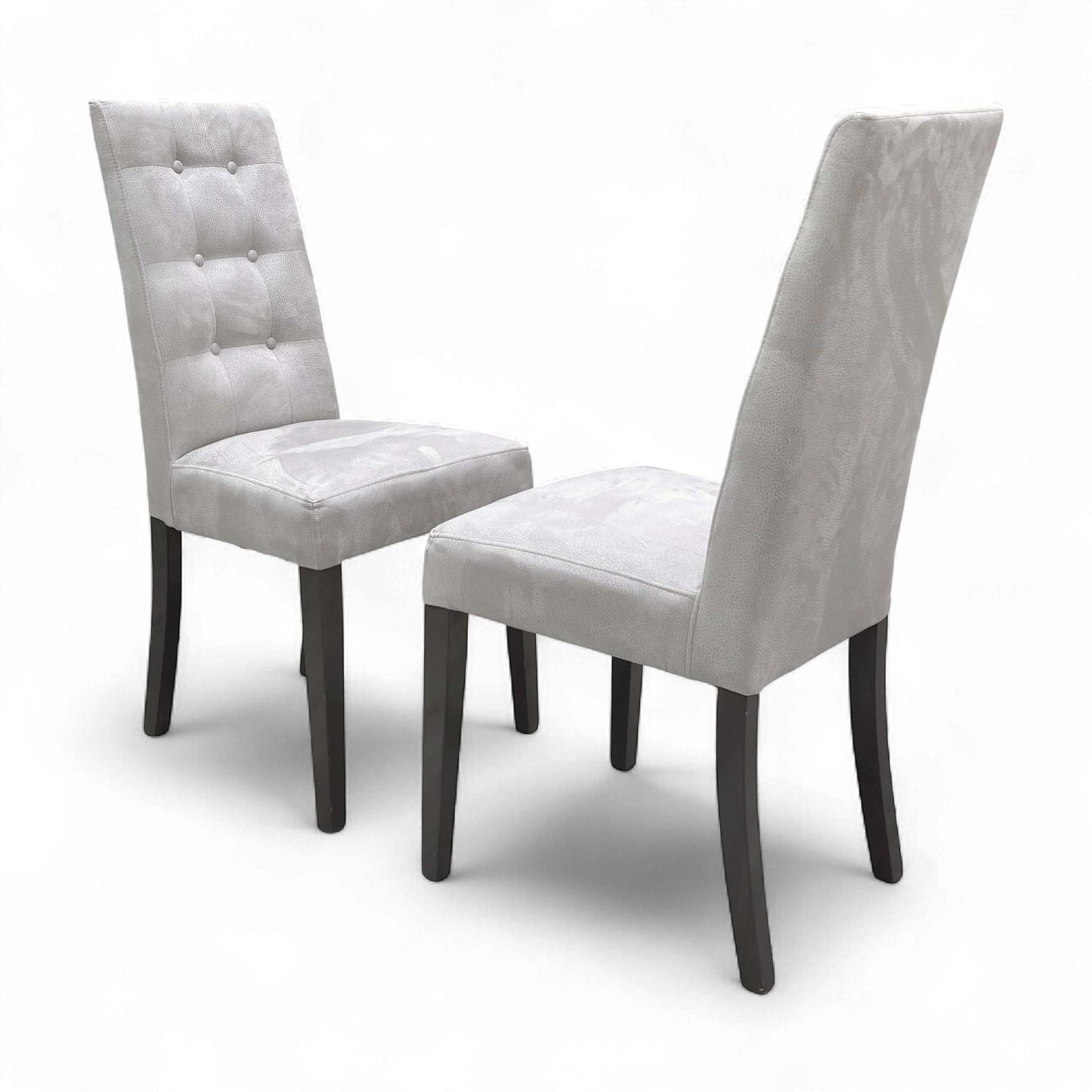 Set of two Mia High Back Button Back Dining Chairs in stylish Silver Suede fabric, showcasing the tall, elegant design.