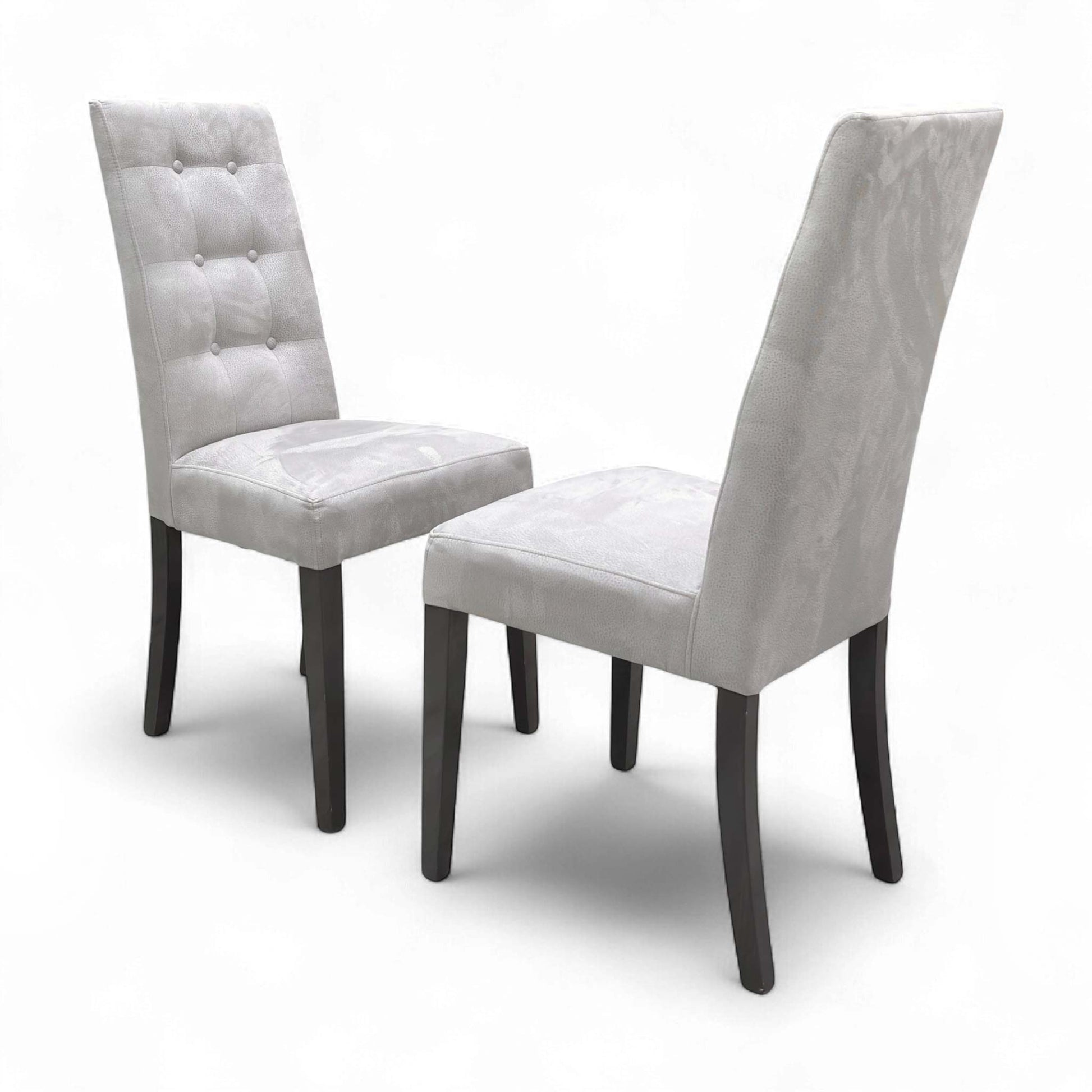 Set of two Mia High Back Button Back Dining Chairs in stylish Silver Suede fabric, showcasing the tall, elegant design.