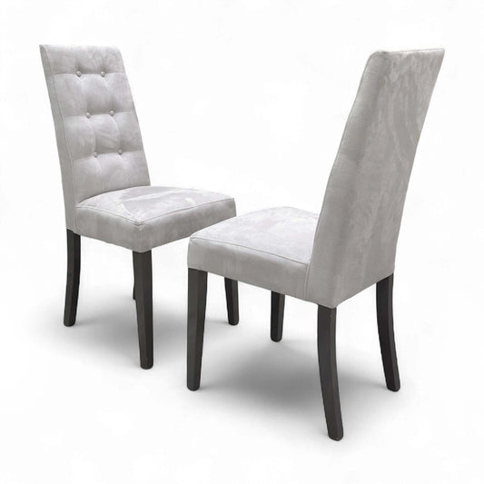 Set of two Mia High Back Button Back Dining Chairs in stylish Silver Suede fabric, showcasing the tall, elegant design.