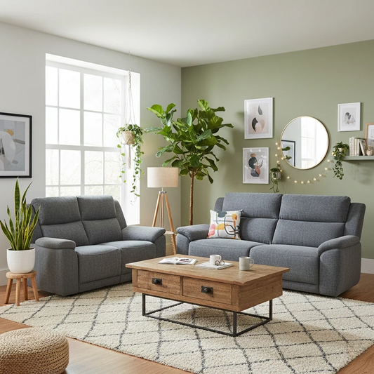 Living room of the Utah Sofa Set highlighting the HF-0104 Gunmetal Grey fabric and plush, pocket coil sprung cushioning.