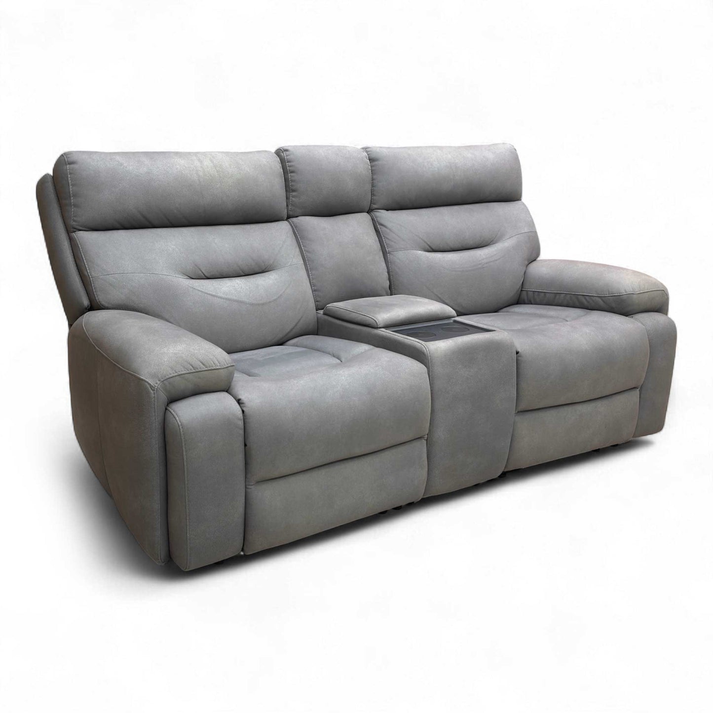 Side view of the Nappa Grey Fabric Sofa, emphasizing its modern design and supportive back structure.
