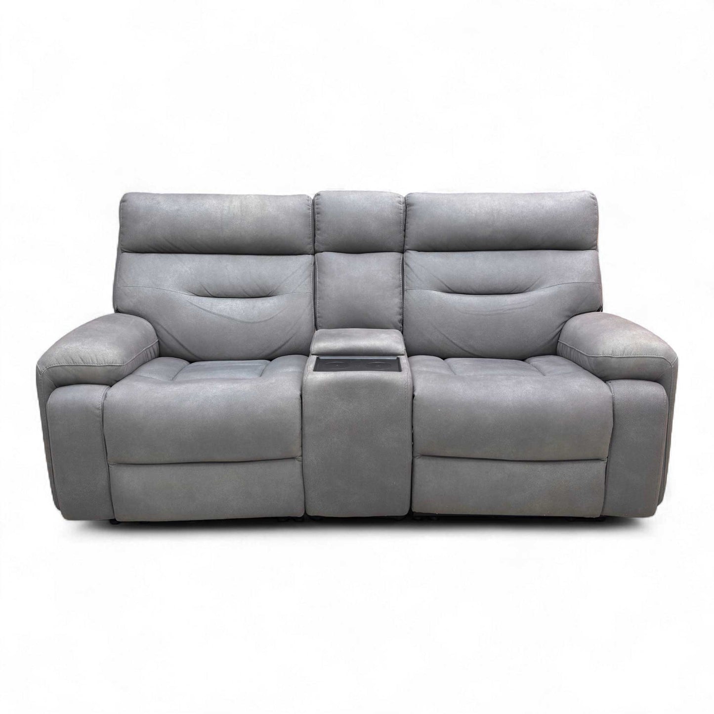 Full view of the Cinemax 2 Seater Media Sofa in Nappa Grey fabric, highlighting the center console and plush seats.