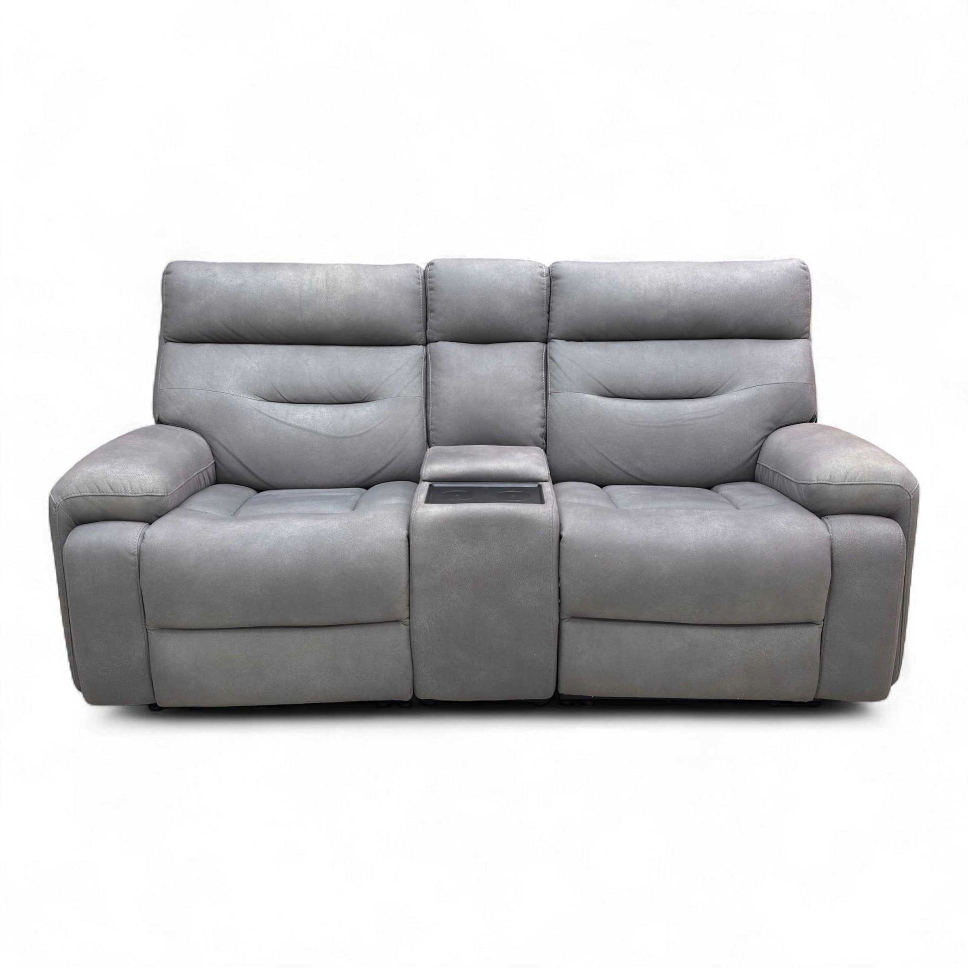 Full view of the Cinemax 2 Seater Media Sofa in Nappa Grey fabric, highlighting the center console and plush seats.