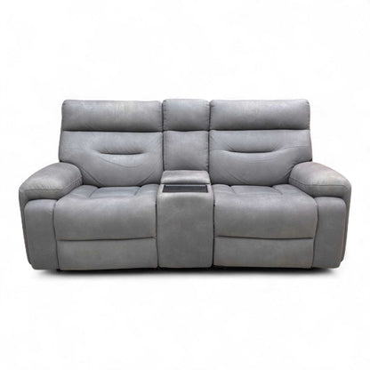 Full view of the Cinemax 2 Seater Media Sofa in Nappa Grey fabric, highlighting the center console and plush seats.