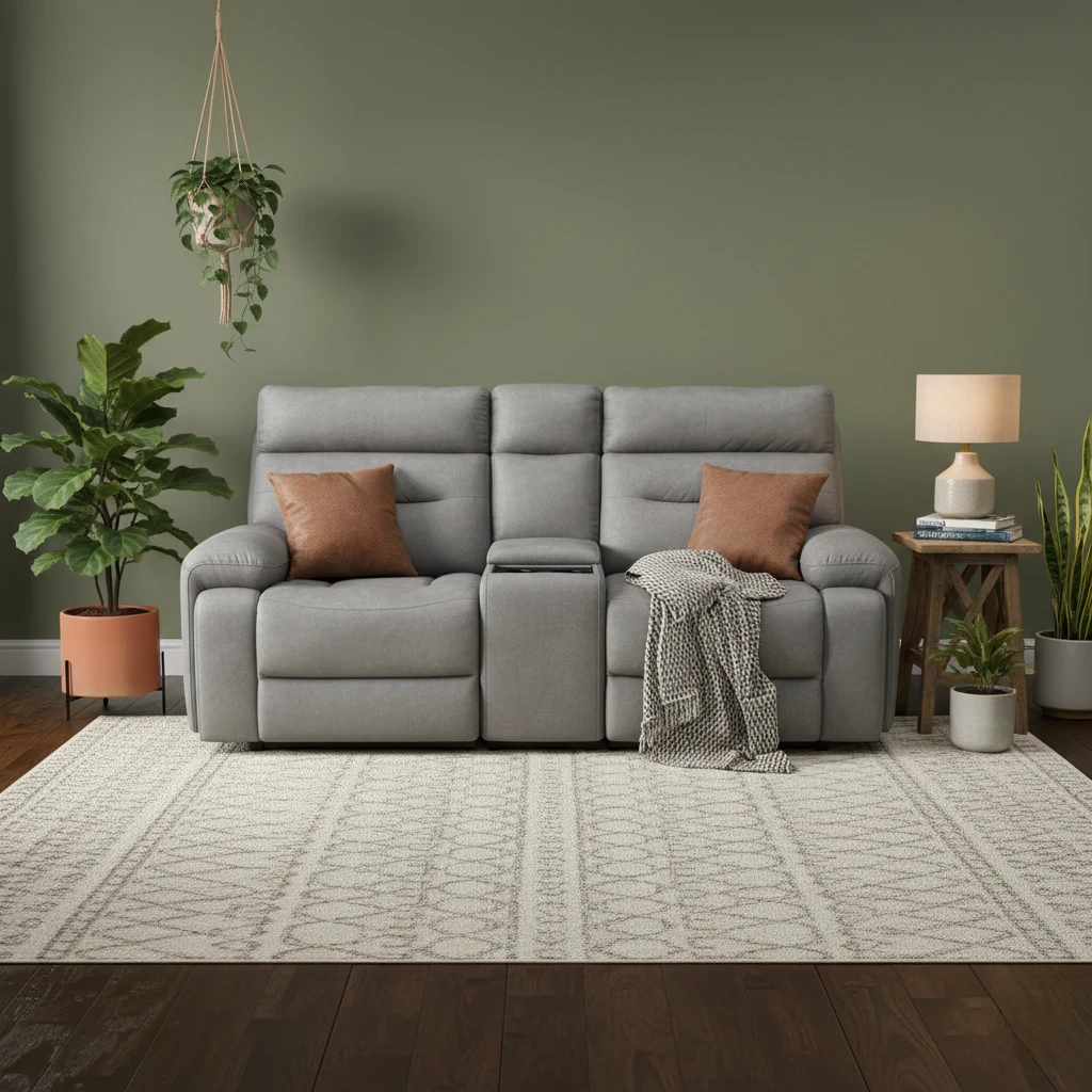 Living Room of the Cinemax sofa detailing its power recliner function, power headrests, and connection for a 4D cinematic experience.