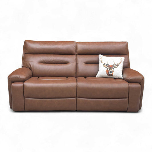 Full front view of the Cinemax 3 Seater Sofa in Roast Brown Leather, showcasing its generous curves and fixed cushions.