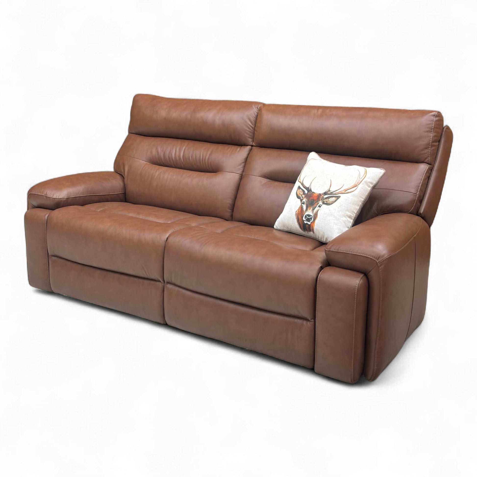 Angled view of the Roast Brown Leather Sofa, emphasizing its modern, comfortable design for movie nights.
