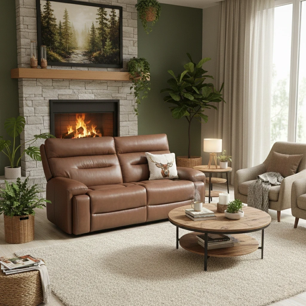 Living Room of the Furniture Village Cinemax sofa, detailing its LX-6414 Roast Brown leather finish and medium comfort level.