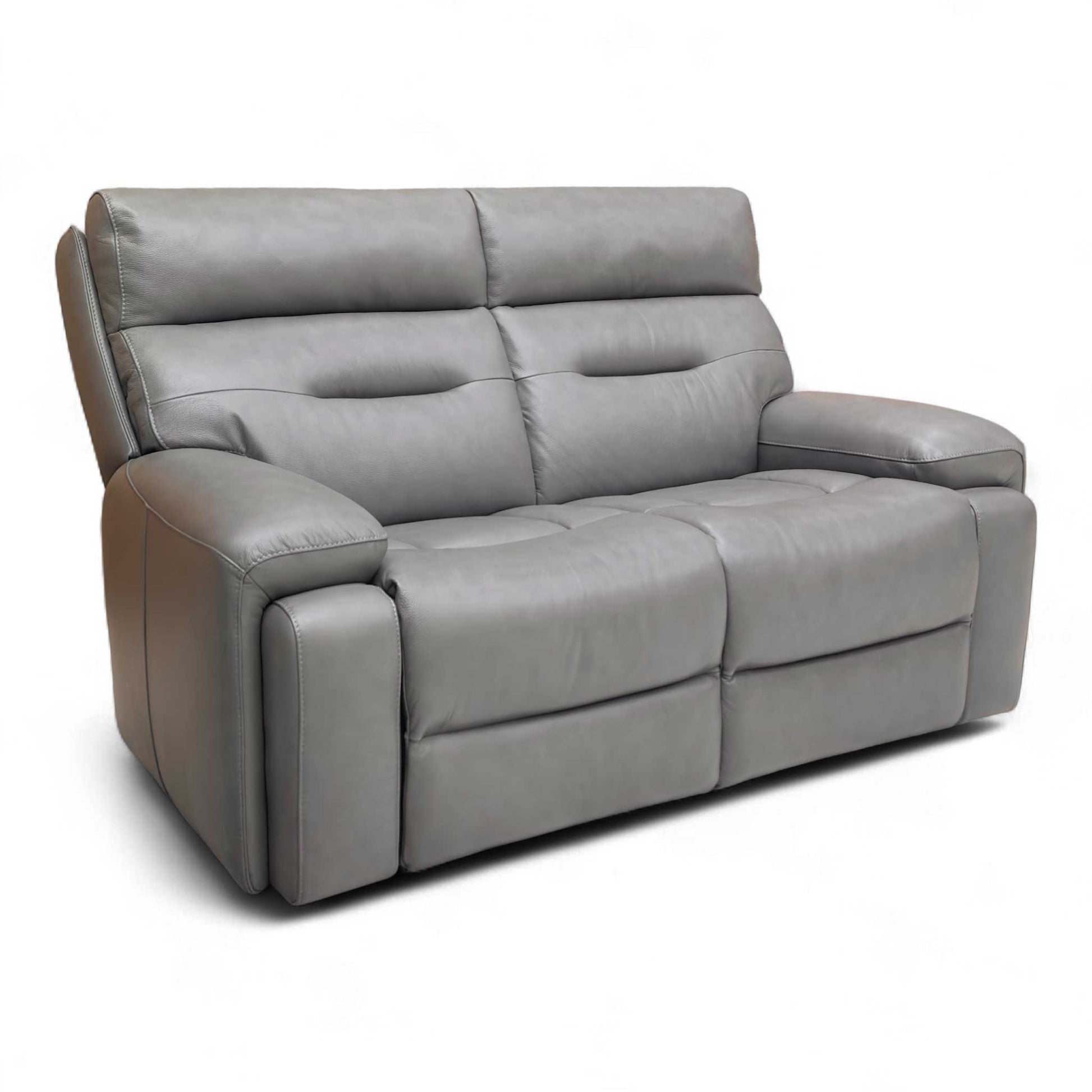Angled view of the Cinemax Grey Leather 2 Seater Static Sofa (162 cm wide), featuring fixed backs and generous, supportive cushioning.