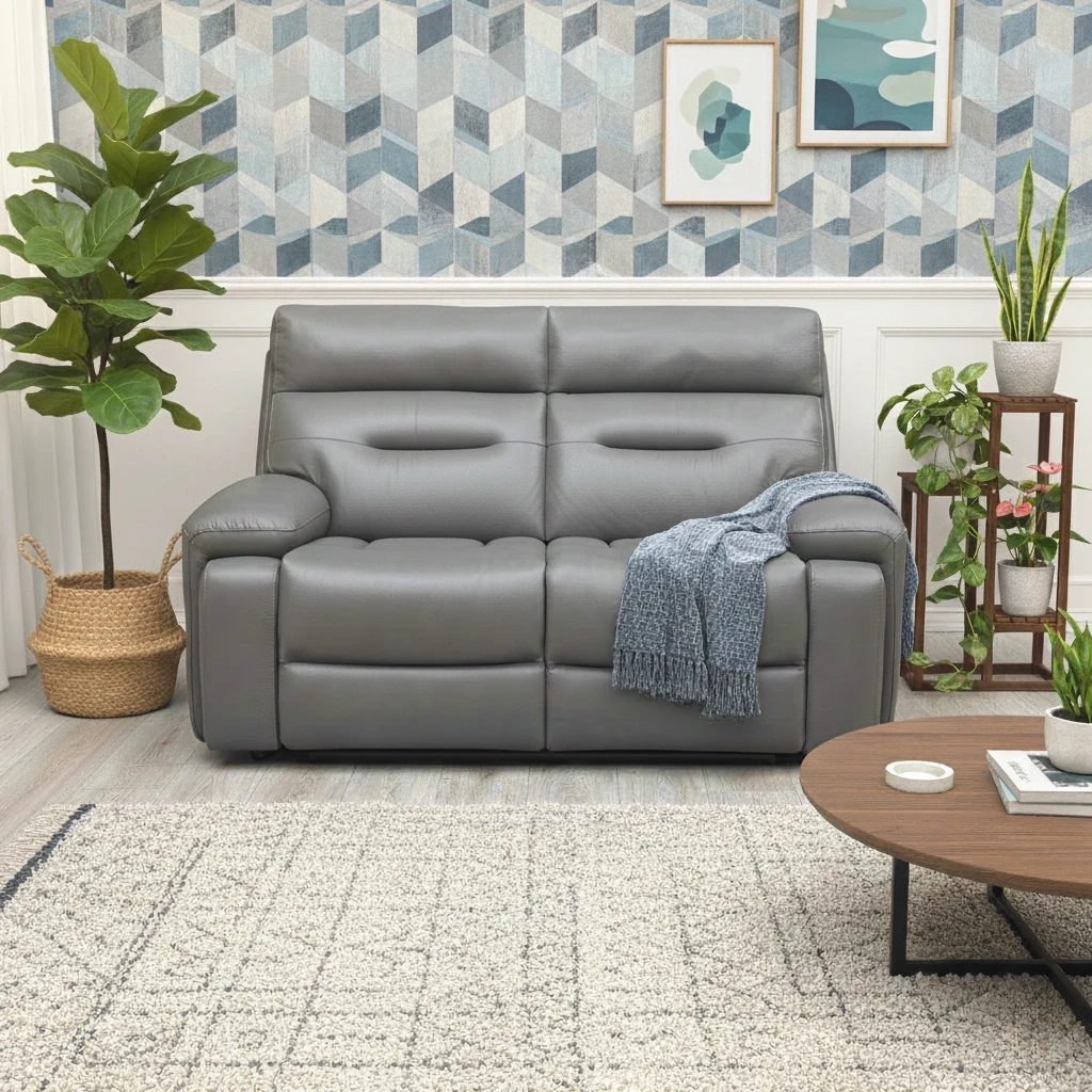 Living Room of the Grey LE 9308 Leather 2 Seater Sofa, showcasing its modern, fixed design and luxurious grey finish.