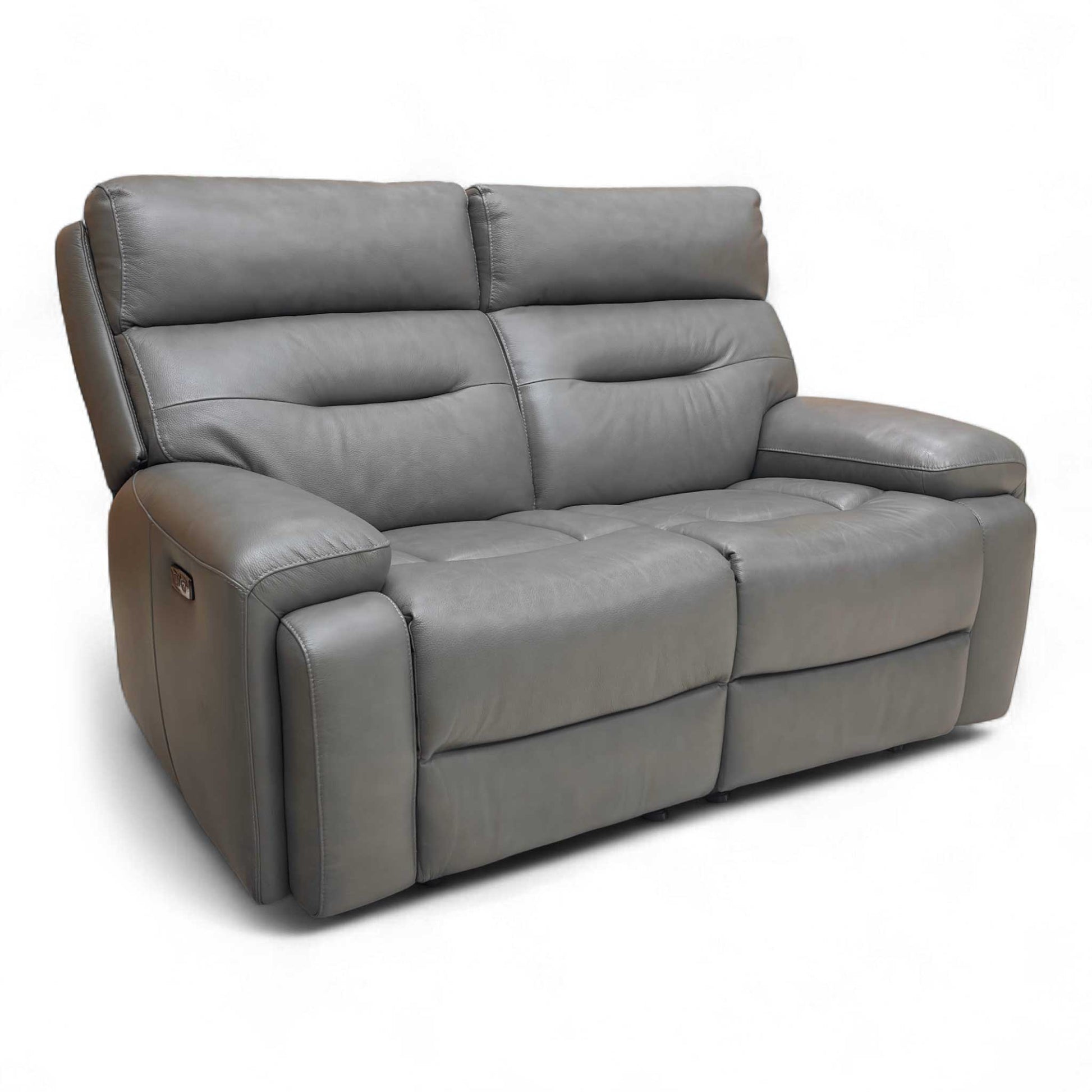Side profile view of the Grey Leather 2 Seater Sofa, showing the depth (96 cm) and cushioned armrests.