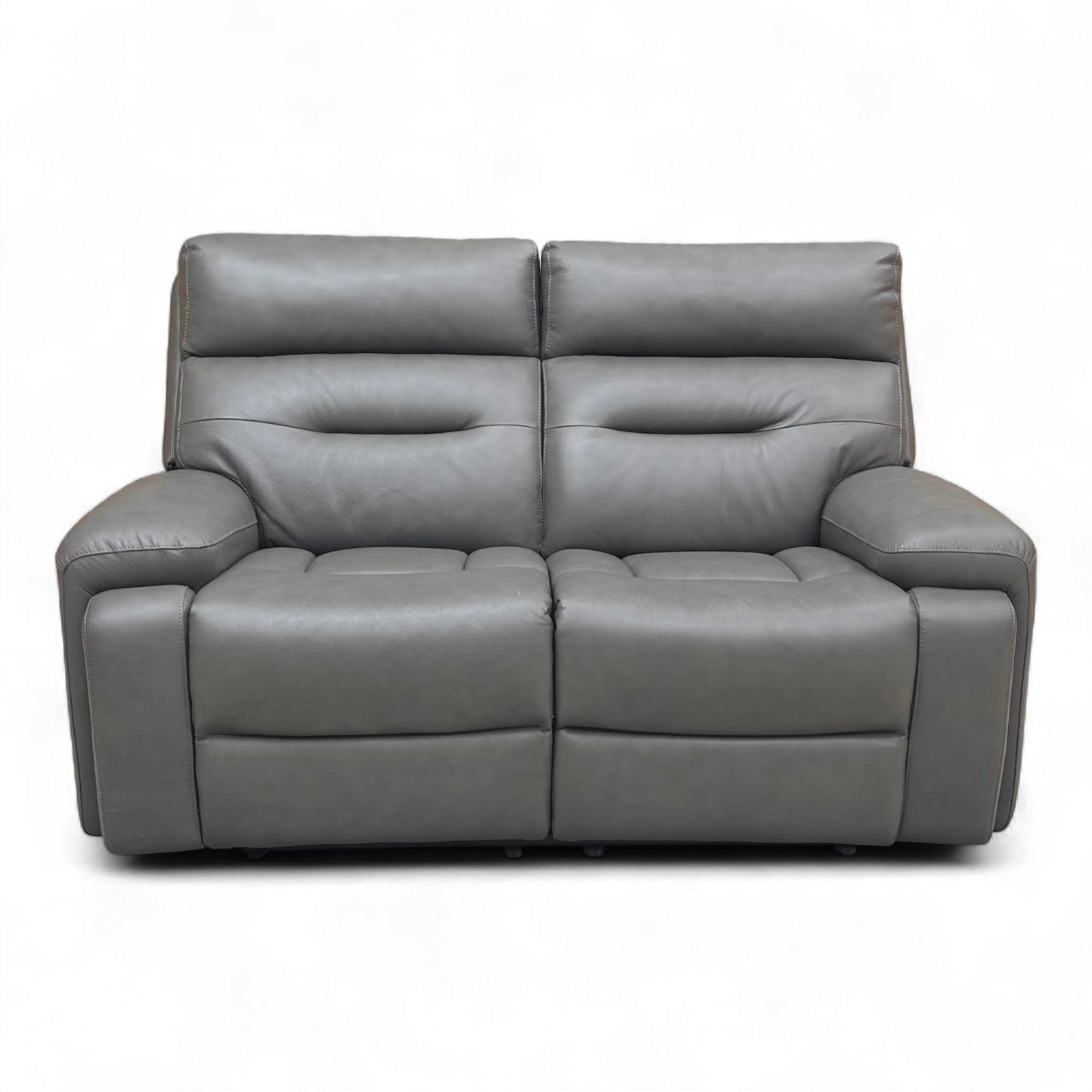 Frontal view of the Grey Leather 2 Seater Sofa, highlighting the dual power recline and supportive fixed seating.