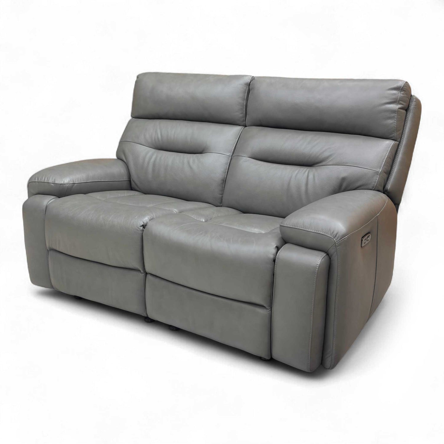 Rear angled view of the Grey Leather Power Recliner Sofa, confirming the streamlined back structure.