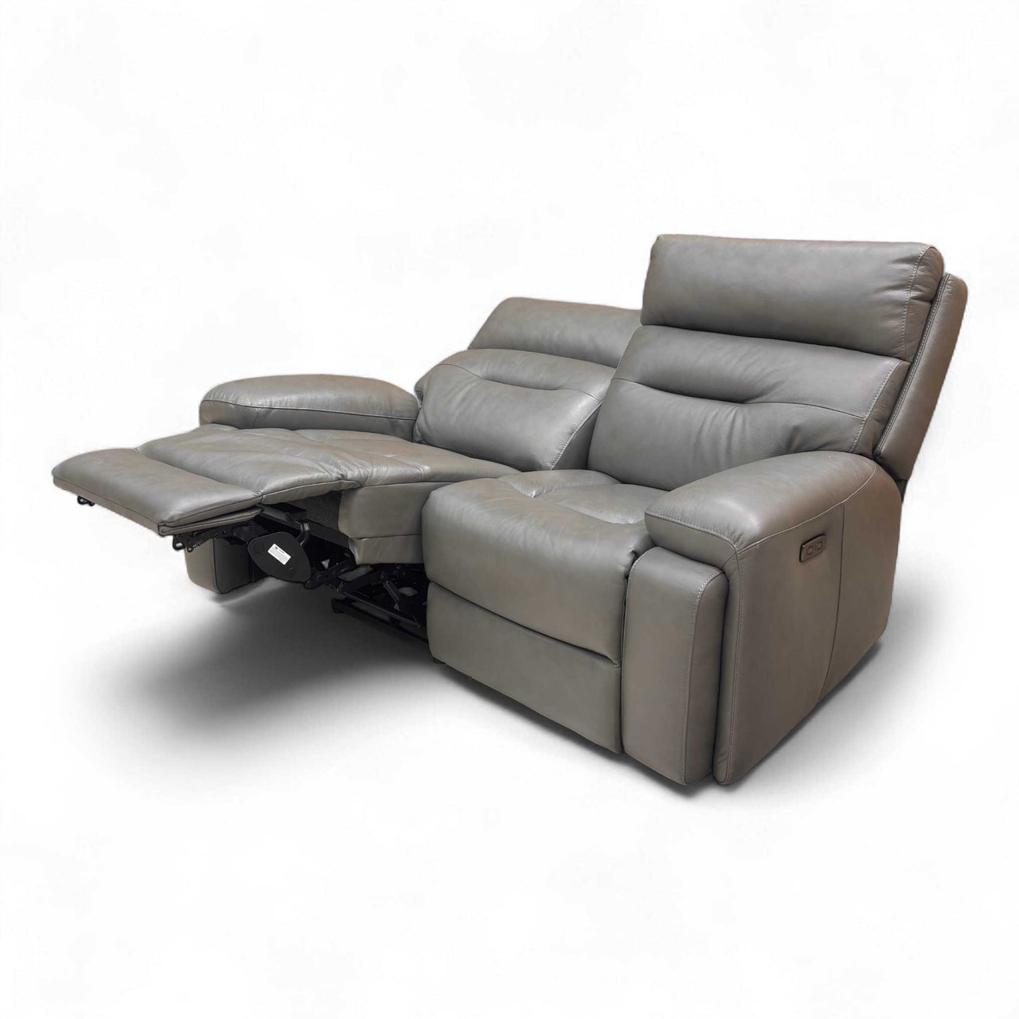 The Cinemax Power Recliner Sofa shown with both seats fully reclined (extending to 168 cm depth), emphasizing its ultimate comfort positio