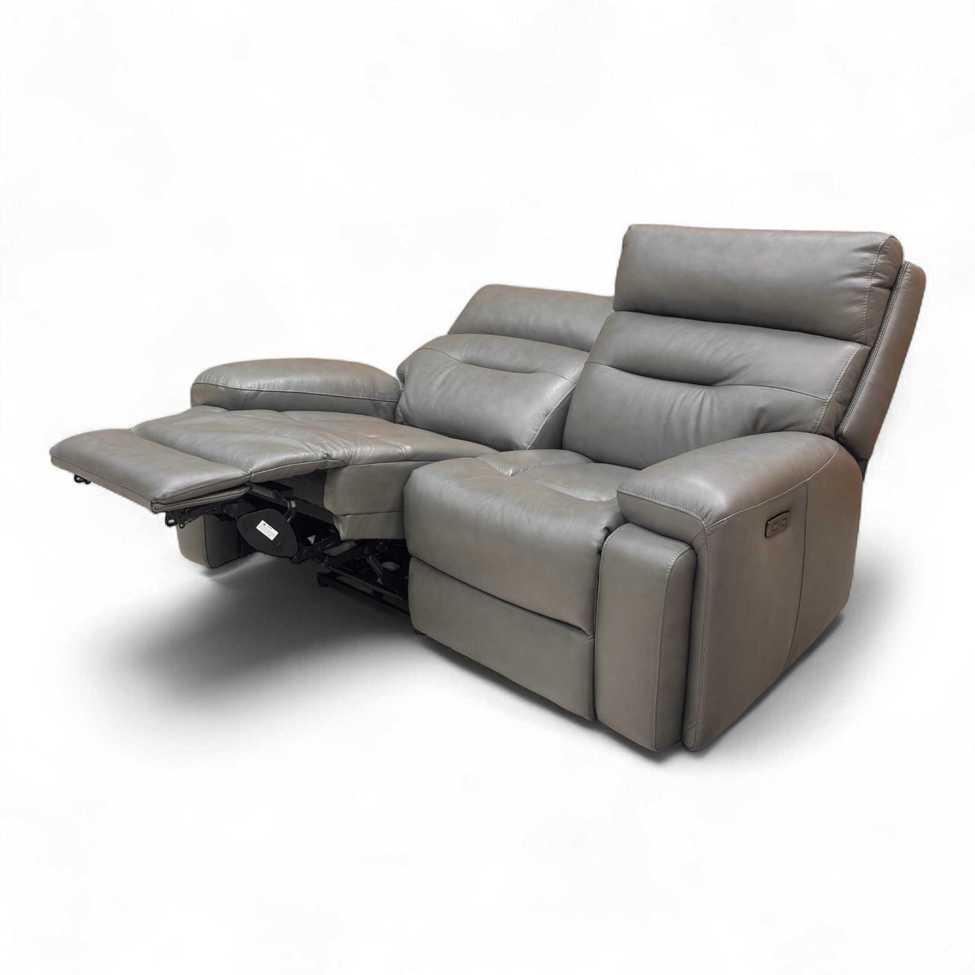 The Cinemax Power Recliner Sofa shown with both seats fully reclined (extending to 168 cm depth), emphasizing its ultimate comfort positio