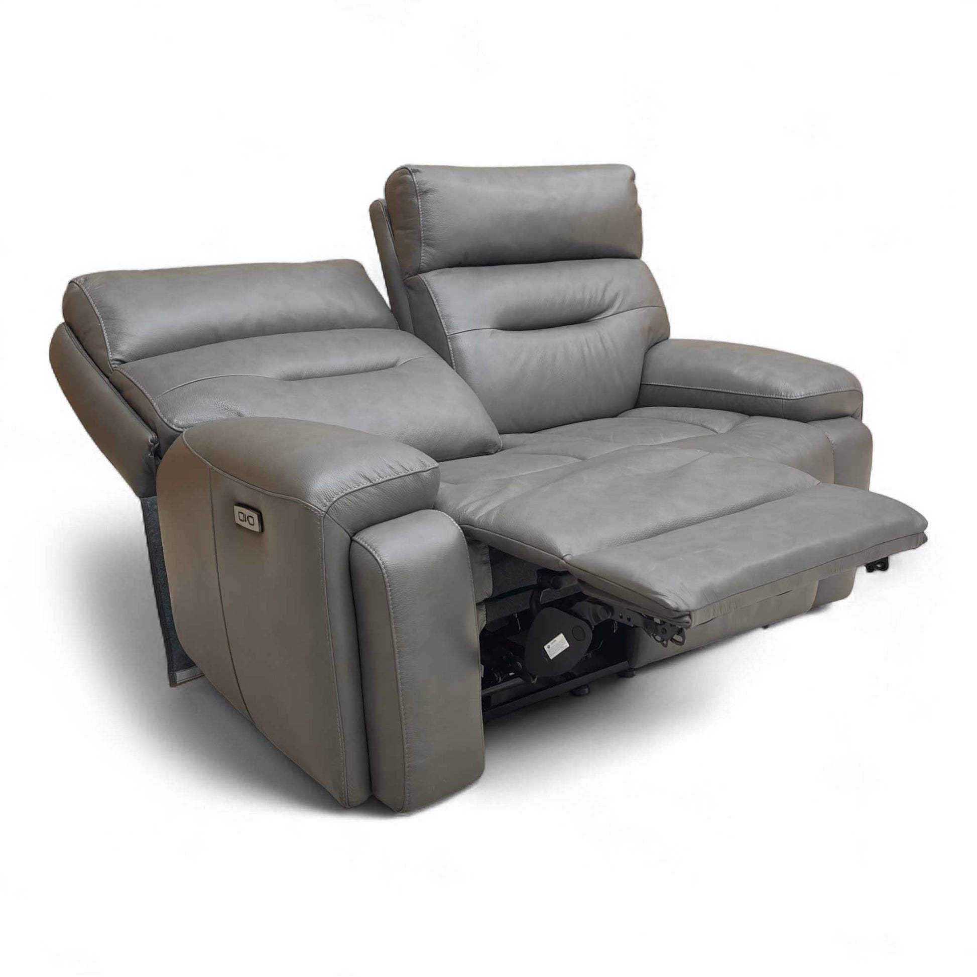 Angled view of the Cinemax Grey Leather 2 Seater Power Recliner Sofa, featuring power headrests and generously curved, body-hugging cushions.