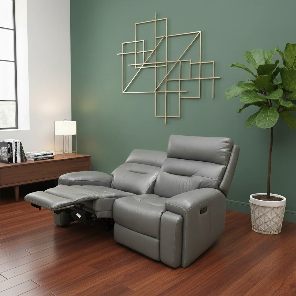 Living room of the Grey LE 9308 Leather Power Recliner Sofa (163 cm wide), showcasing its modern luxury design.